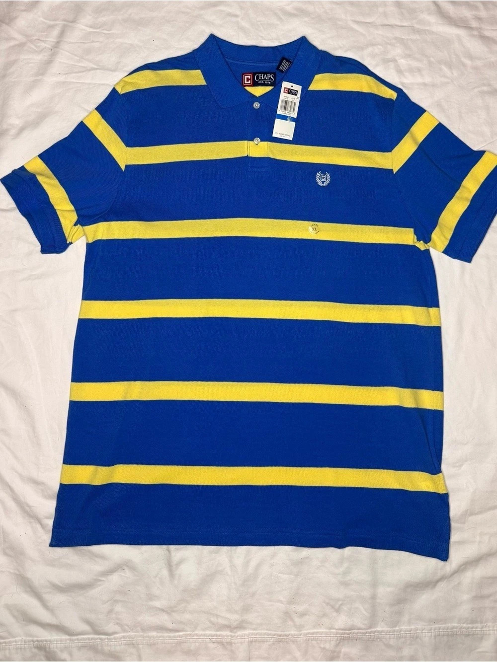 NWT Chaps Mens Polo Shirt Size XL Blue Yellow Striped Short Sleeve Golf